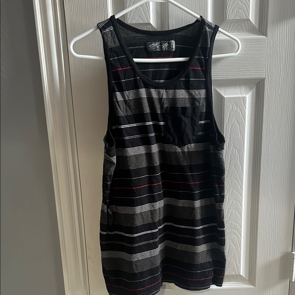Retrofit Black and Gray Striped Top with Red Accent